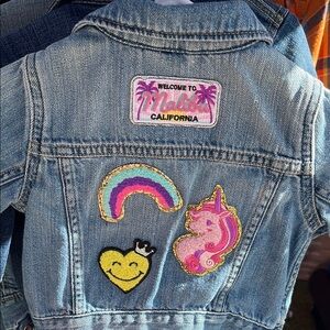 GAP Blue Jean Jacket with Colorful Patches and Unique Designs